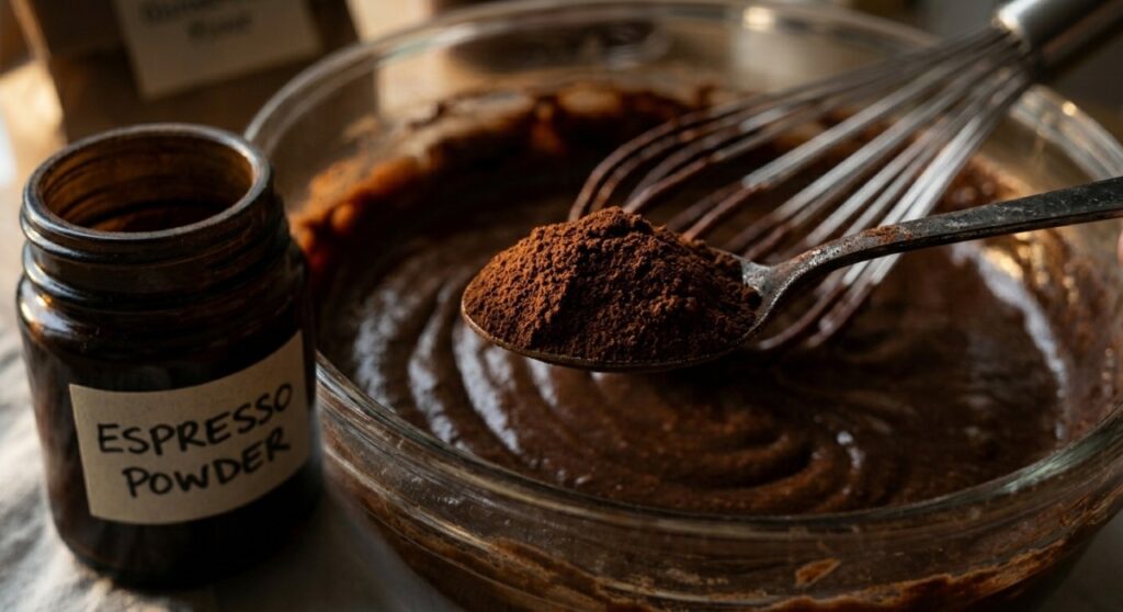 A teaspoon of dark espresso powder being added to chocolate cake batter to enhance flavor.