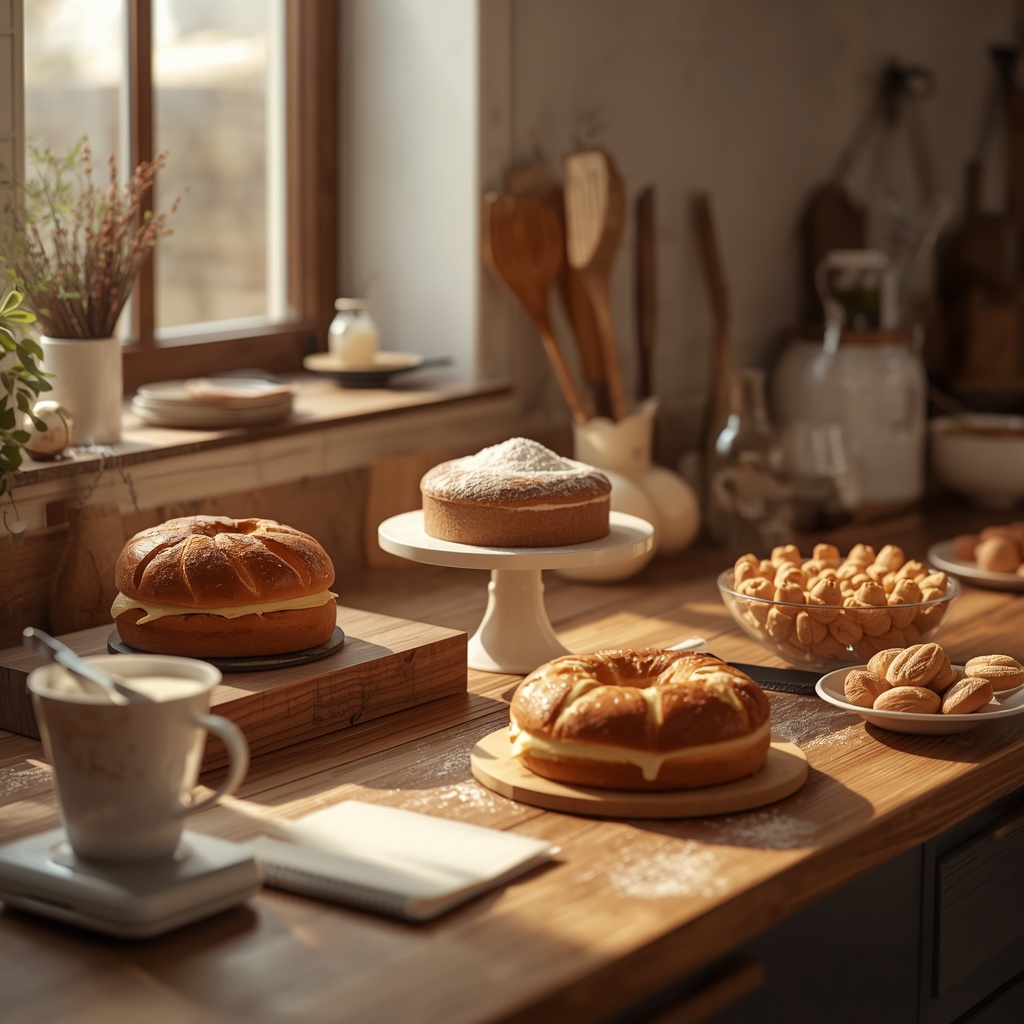 Advanced baking science insights with artisan baked goods, ingredients, and tools in a natural kitchen setting