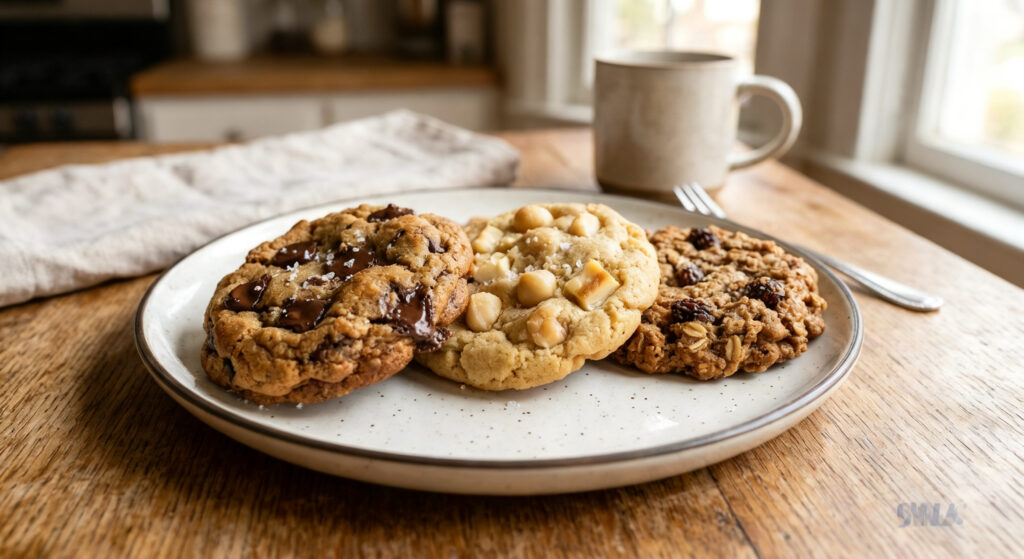 "A plate with assorted dark chocolate, white chocolate macadamia, and oatmeal raisin cookies."