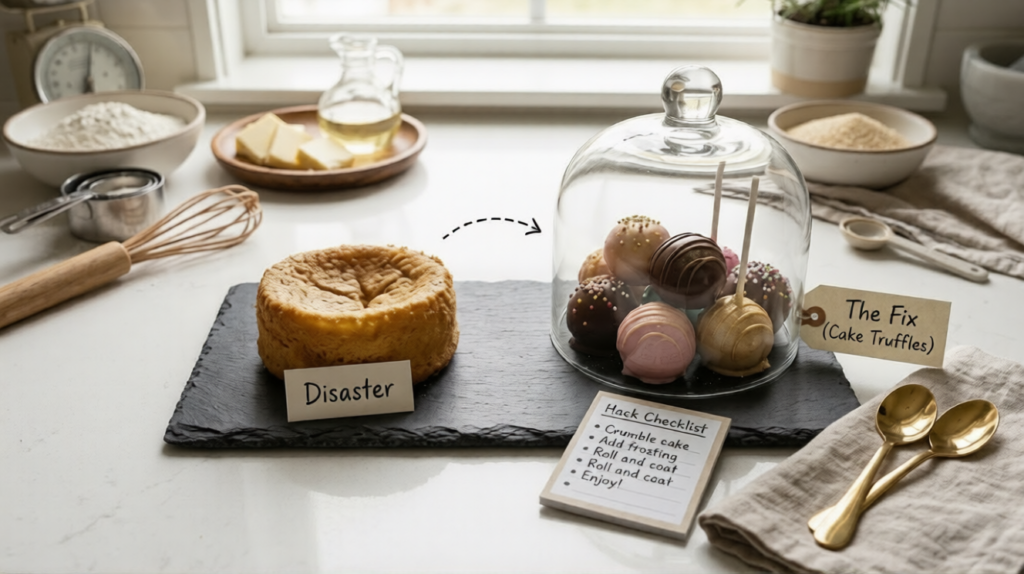 Comparison of cold butter being cut into flour and a thermometer measuring a baked cake's internal temperature.