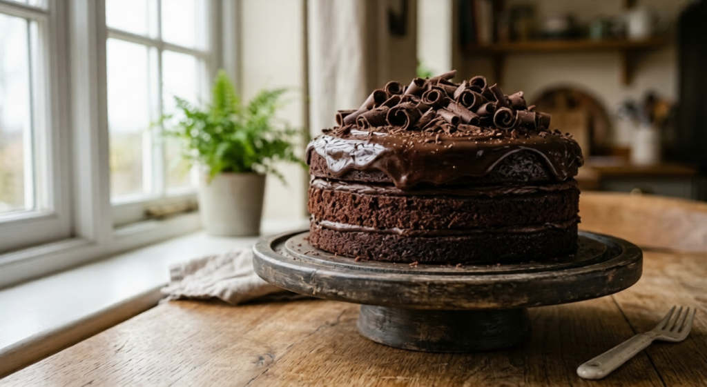 Rich and moist multi-layered chocolate cake topped with glossy ganache and chocolate curls.