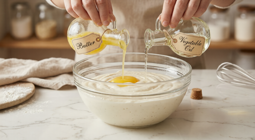  Pouring butter and vegetable oil simultaneously into a glass bowl of cupcake batter to demonstrate the hybrid fat method.
