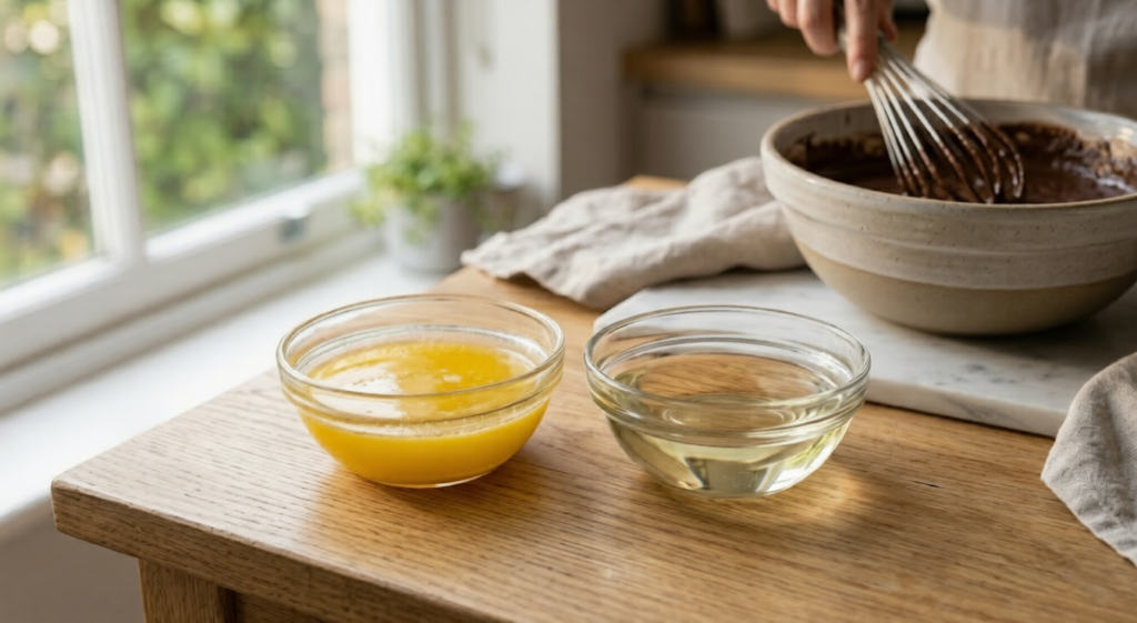 A side-by-side comparison of melted butter and vegetable oil in glass bowls for baking.