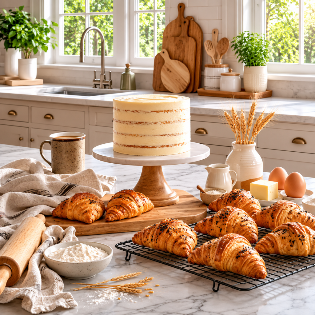 Cakes, cookies, and pastries displayed in a modern American kitchen.