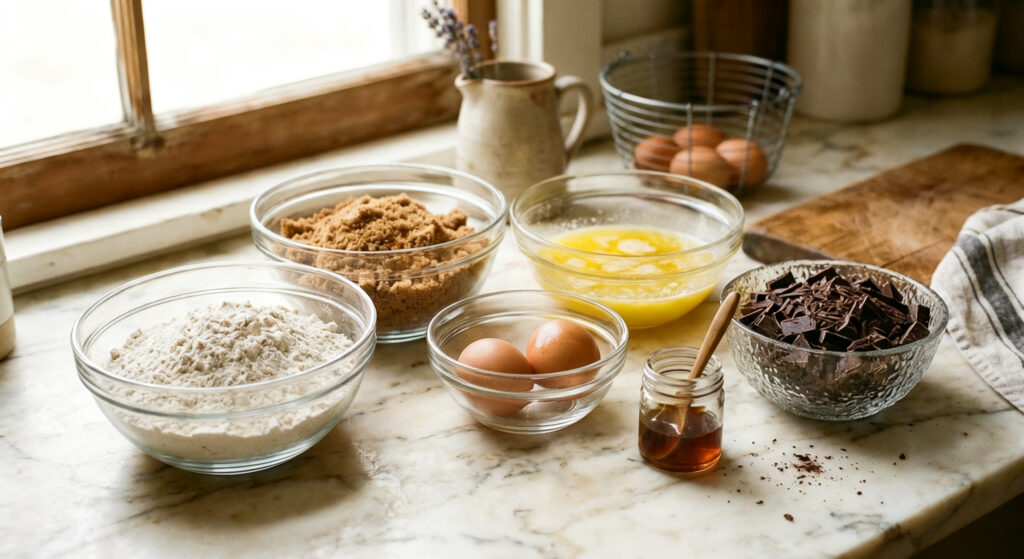 Baking ingredients including flour, brown suger , melted butter, eggs,and dark chocolate chunks in glass bowls on a marble countertop 
