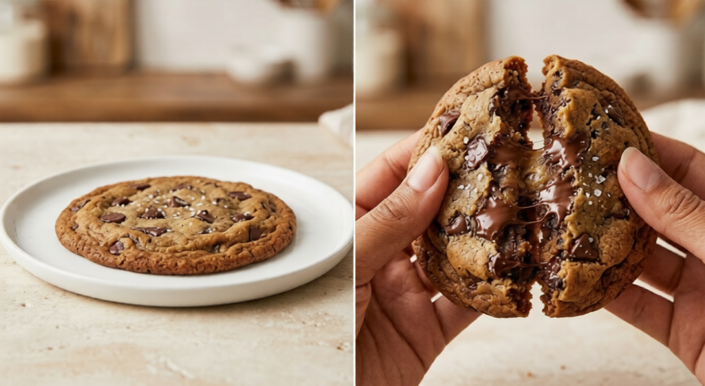 "Comparison of a flat cookie versus a thick, gooey chocolate chip cookie."