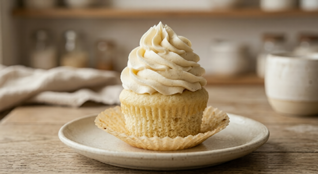  A tall, fluffy vanilla cupcake with high decorative piped buttercream frosting sitting on a bright bakery display.