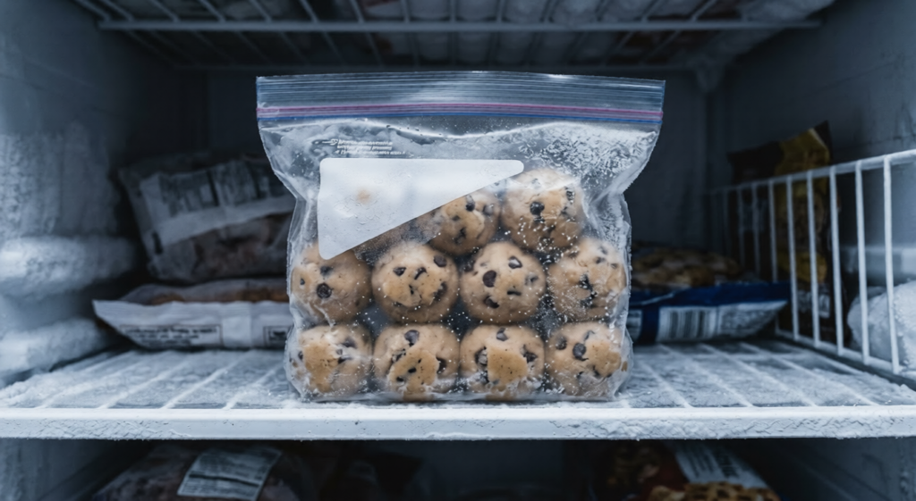 "A stack of pre-portioned cookie dough balls in a freezer bag on a cold shelf."