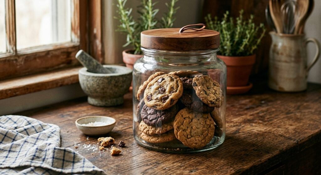 "A clear glass cookie jar filled with assorted cookies, sealed with a wooden lid on a rustic counter."