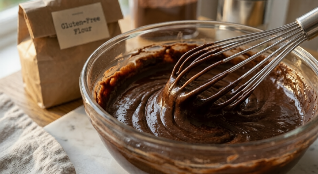  Whisking a smooth and glossy chocolate cake batter with a gluten-free flour label nearby.
