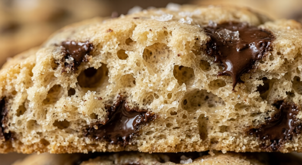 "Macro close-up of a cookie showing the soft and tender crumb structure from low-protein flour."