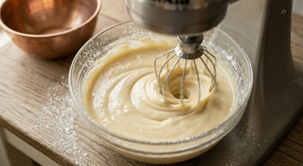  A stand mixer blending egg yolks and buttermilk into a smooth, velvety vanilla cupcake batter.