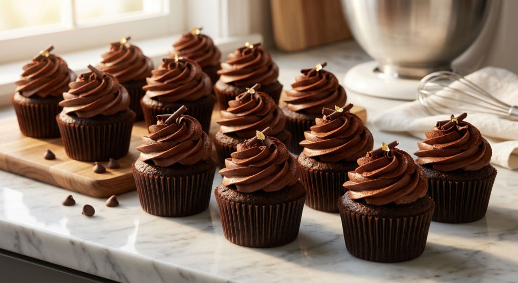 "A batch of homemade moist chocolate cupcakes topped with rich, silky chocolate buttercream frosting and dark chocolate shavings, displayed on a marble kitchen counter."