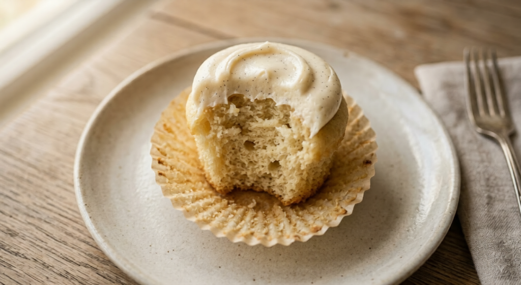  A close-up of a single moist vanilla cupcake cut open on a plate to show the soft crumb structure and vanilla bean frosting.