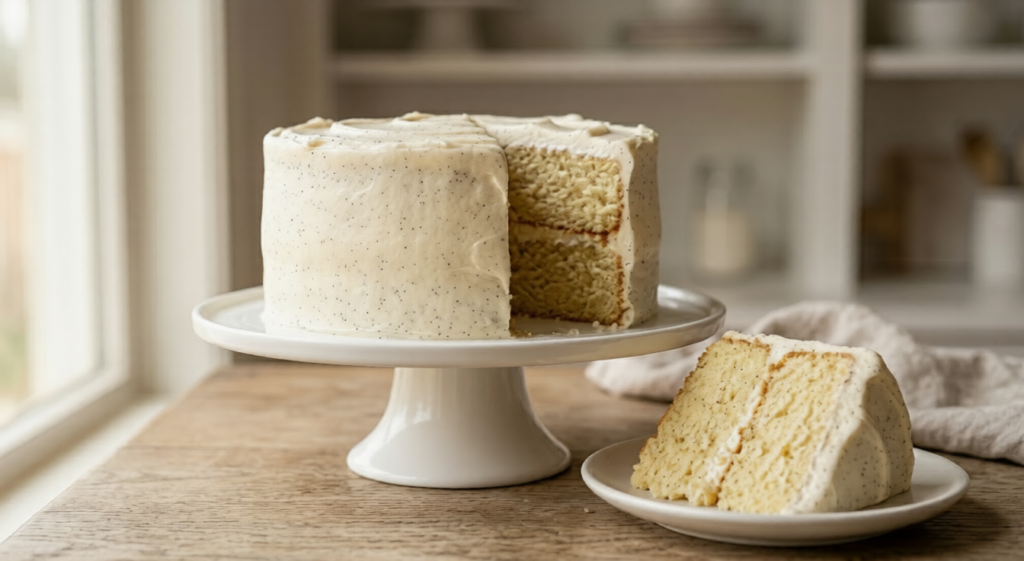 A slice of a three-layer vanilla celebration cake showing the ultra-soft texture and vanilla bean frosting layers.