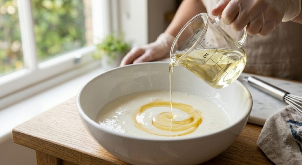 Close-up of pouring vegetable oil into a bowl of buttermilk and eggs for a moist cake.