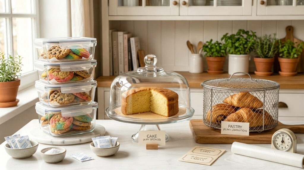 Professional storage setup for baked goods showing cookies in airtight containers, cake under a dome, and pastries in a breathable basket to maintain freshness.