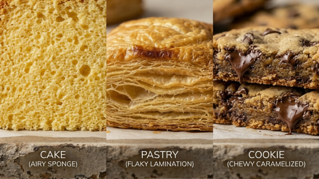 Realistic bakery table with chocolate cake, flaky croissants, and colorful cookies