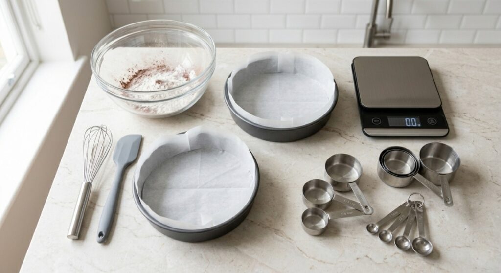 A complete set of baking tools including mixing bowls, whisk, spatula, and lined cake pans on a counter