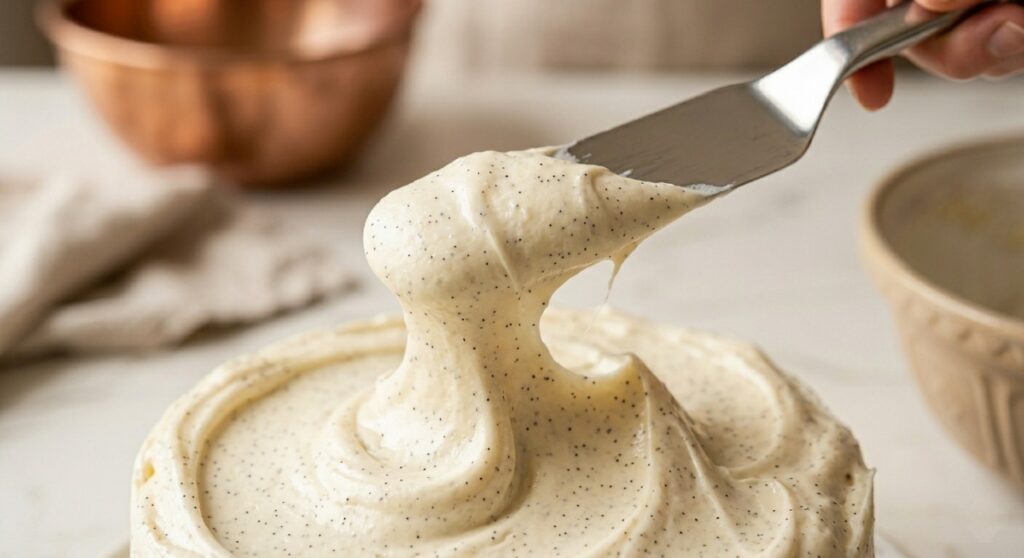  A silver spatula lifting thick, silky vanilla bean frosting showing visible specks of real vanilla seeds.