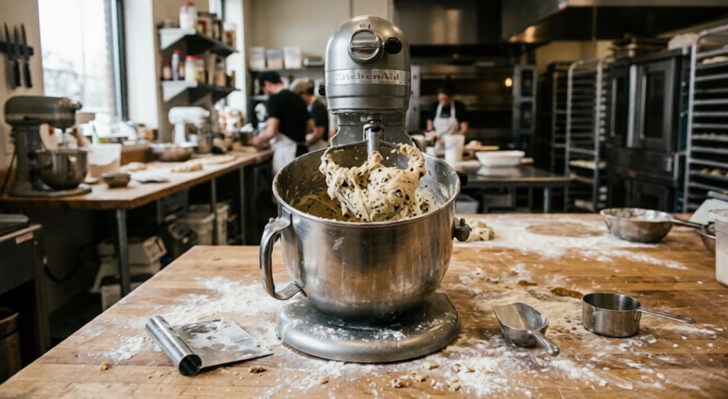 "Professional stand mixer beating cookie dough in a stainless steel bowl with flour on the counter."