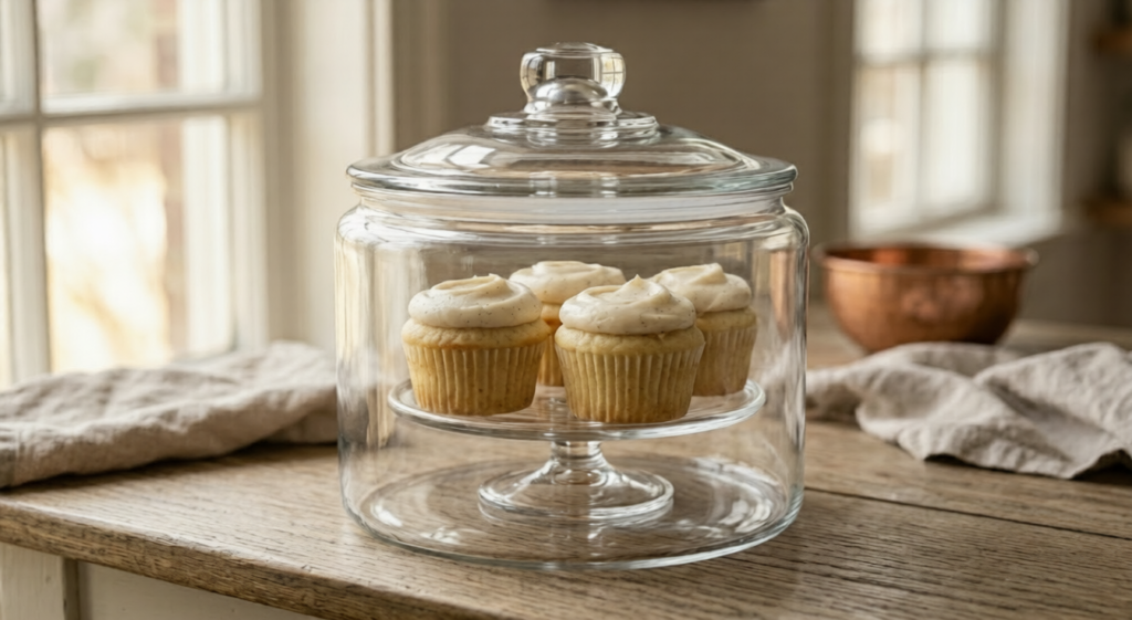  Frosted vanilla cupcakes stored properly inside a sealed airtight glass container on a wooden kitchen counter.