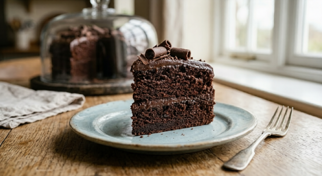  A delicious slice of dark chocolate cake on a plate showing a soft and moist crumb structure.