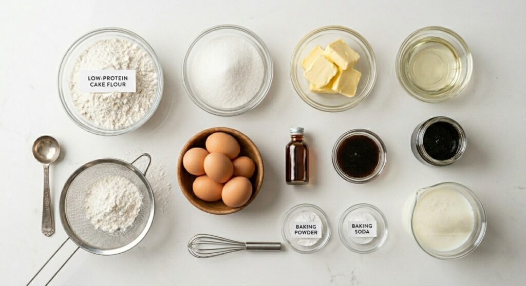  A top-down flatlay view of baking ingredients including cake flour, buttermilk, dairy butter, oil, sugar, and vanilla bean paste.