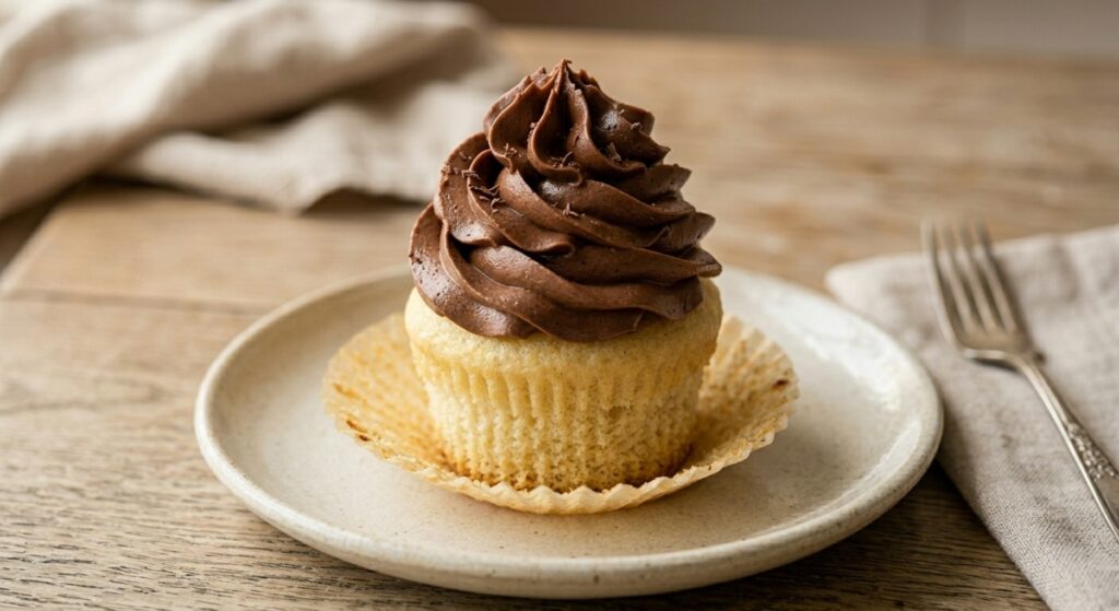 Rich golden yellow cupcakes topped with a glossy, velvety smooth chocolate ermine frosting.