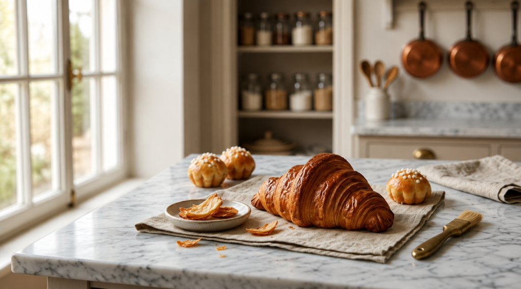 Freshly baked buttery croissant on a linen cloth over a marble countertop in a bright rustic kitchen with flaky pastry layers and baking tools.