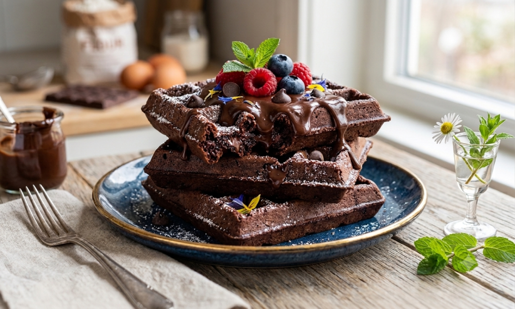 A stack of ultra-fudgy gluten-free chocolate waffles topped with fresh raspberries, blueberries, and melted dark chocolate drizzle on a blue plate.