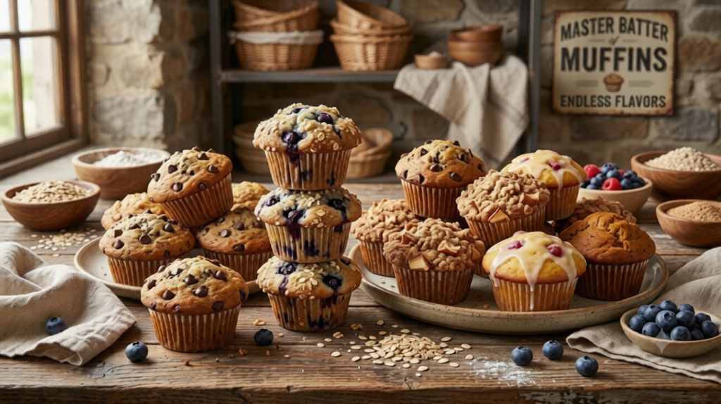 Assorted healthy bakery-style muffins arranged on a rustic table representing a versatile one-batter recipe