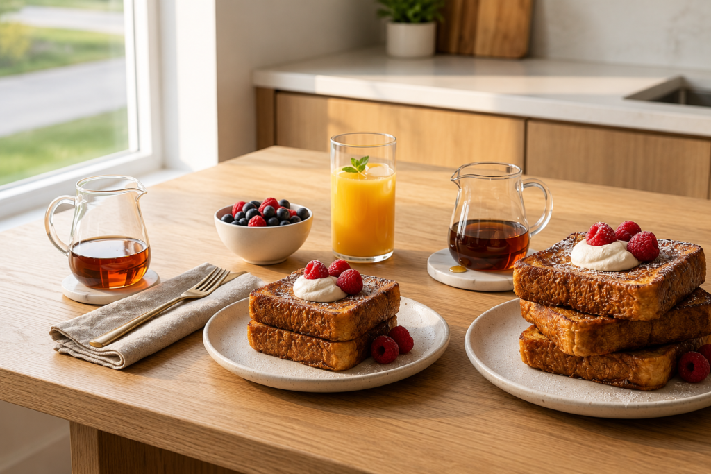 A high end lifestyle morning brunch setting featuring plates of gourmet brioche French toast and fresh berries under soft natural light.