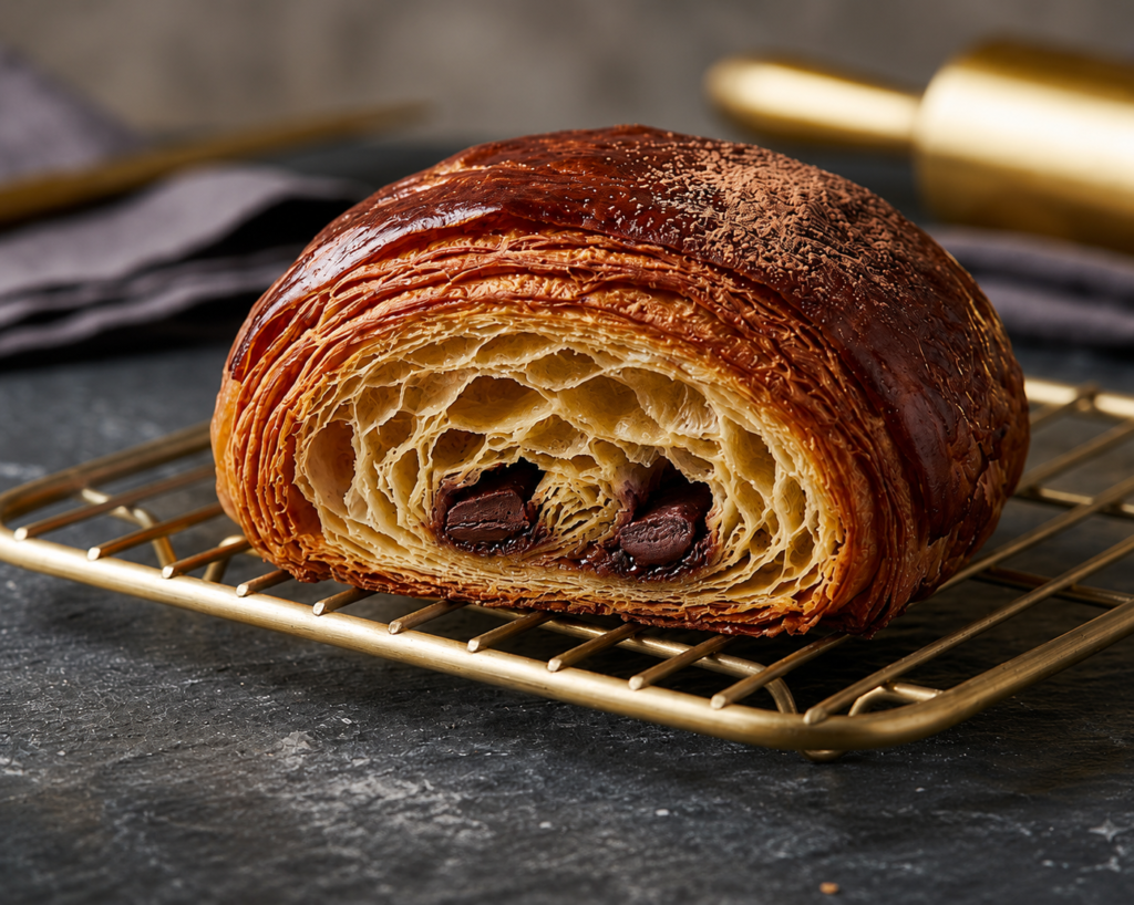 Professional bakery-style Pain au Chocolat showing 27 distinct laminated layers with dark chocolate batons, served on a gold cooling rack