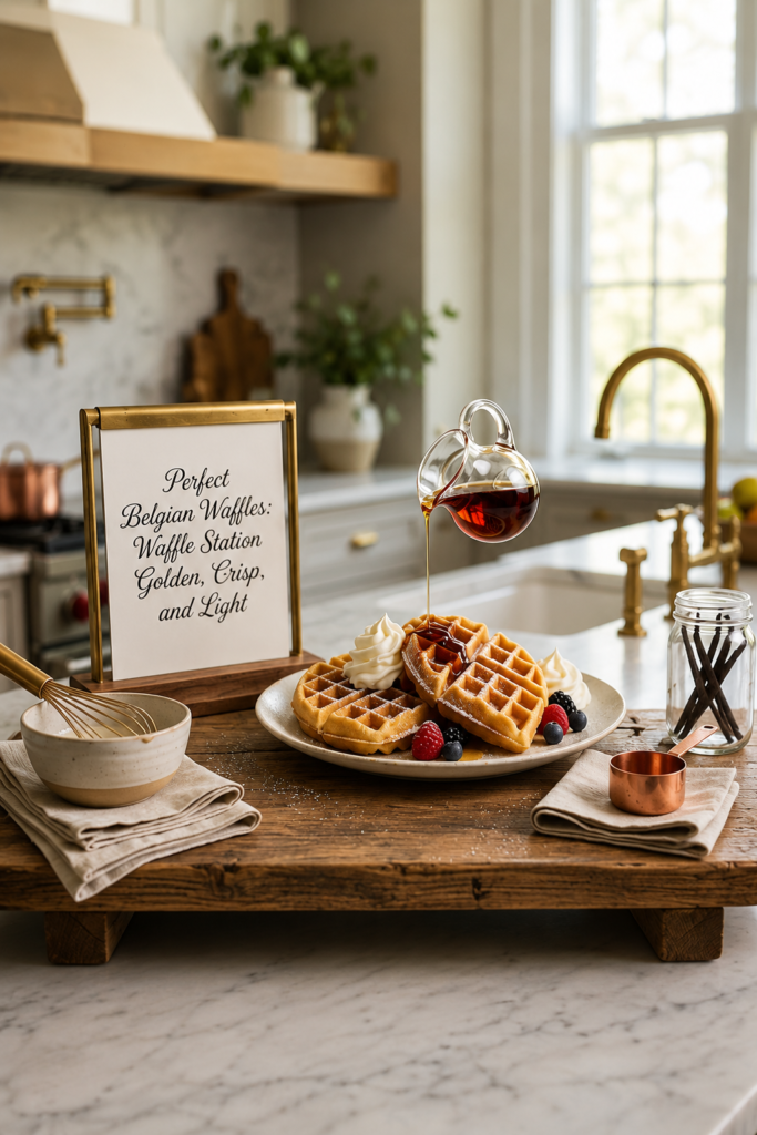 A plate of perfect Belgian waffles, golden, crisp, and light, served on a handmade wooden shelf in a bright kitchen.