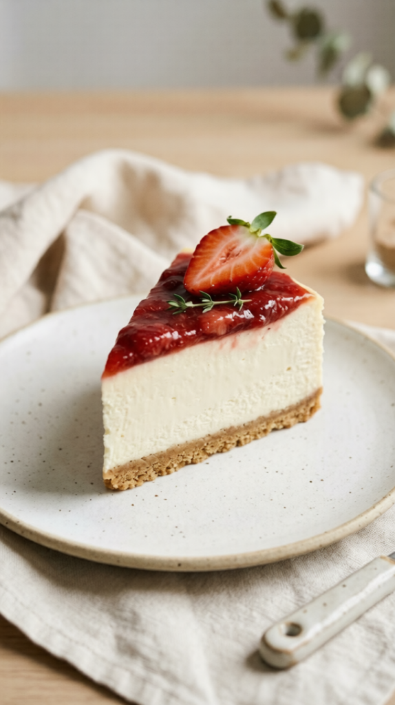 Perfectly smooth strawberry cheesecake slice