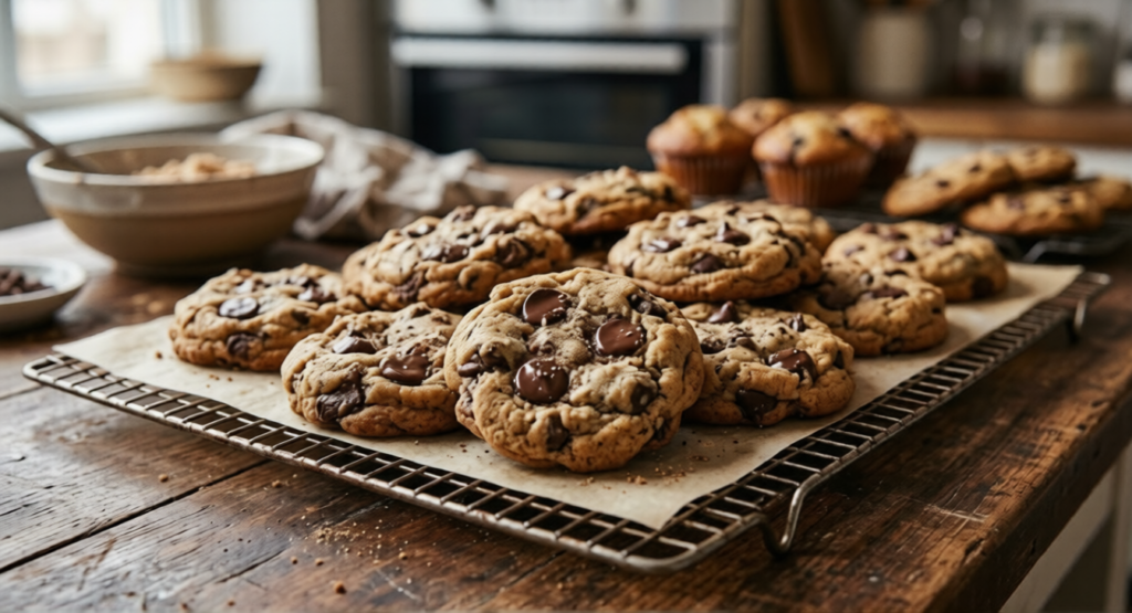 Nutri-Bloom Protein Chocolate Chip Cookies cooling on a wire rack with melted dark chocolate chips and a soft, chewy bakery-style texture.
