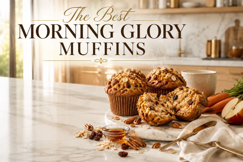 Freshly baked bakery-style Morning Glory Muffins with carrots, apples, raisins, pecans, oats, and coconut on a marble countertop in a luxury modern kitchen.