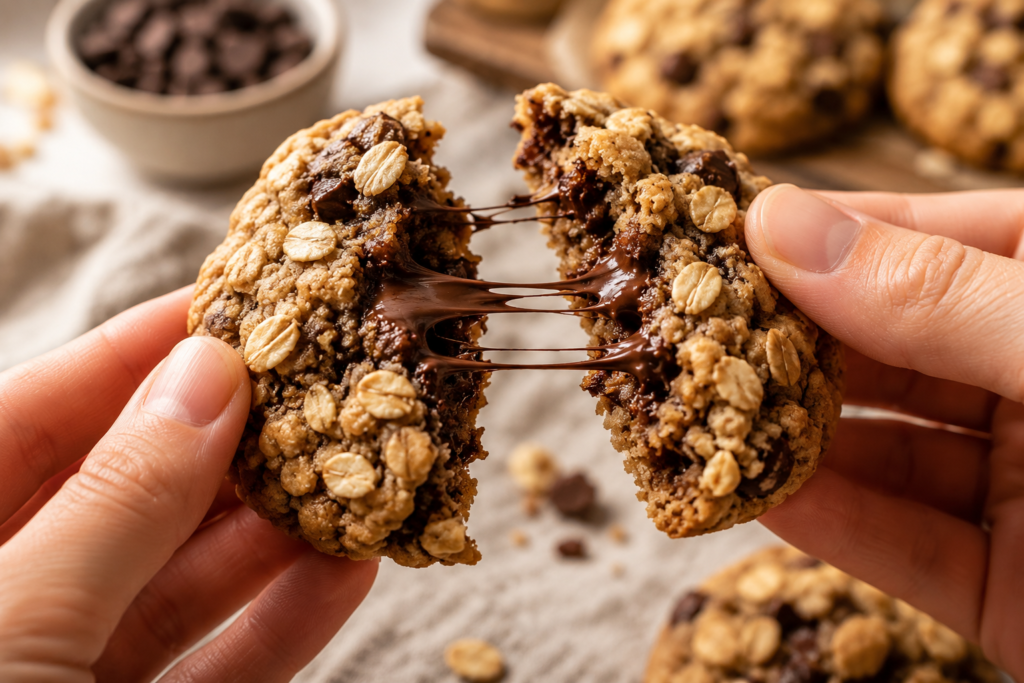 "A warm, bakery-style oatmeal chocolate chip cookie being pulled apart to reveal a soft, gooey center with melted chocolate."