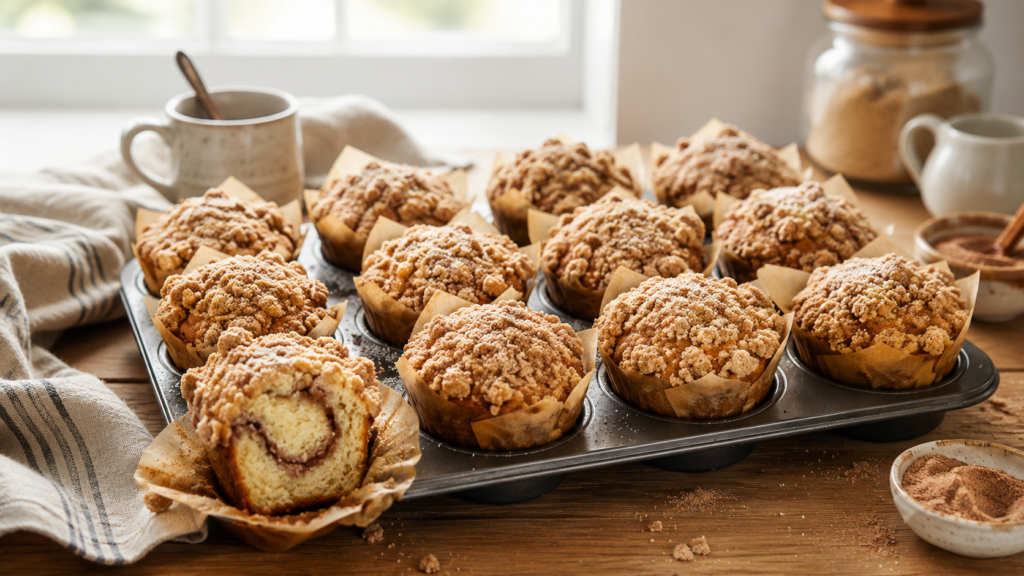 The Ultimate Coffee Cake Muffins with buttery cinnamon streusel topping in a luxury bakery-style kitchen.