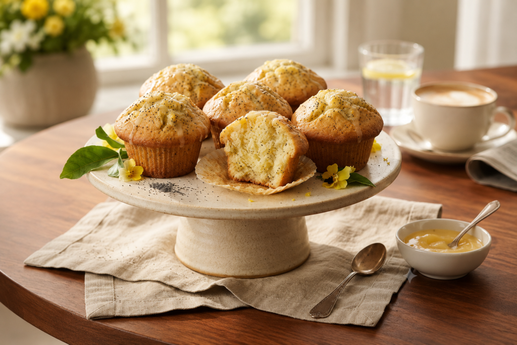 A plate of delicious glazed lemon poppy seed muffins served with a mimosa and fresh lemon on a sunlit table