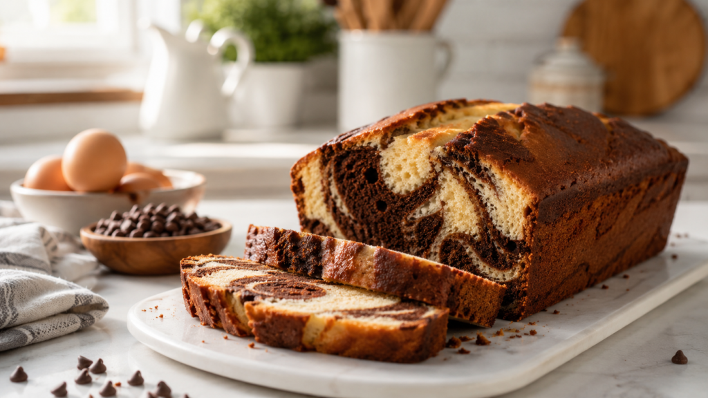 Thick slices of homemade marble cake on a marble serving board in a modern kitchen.