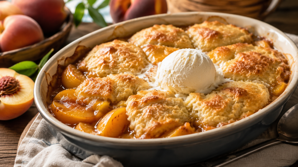 Homemade peach cobbler with juicy peaches, golden biscuit topping, and vanilla ice cream served warm.