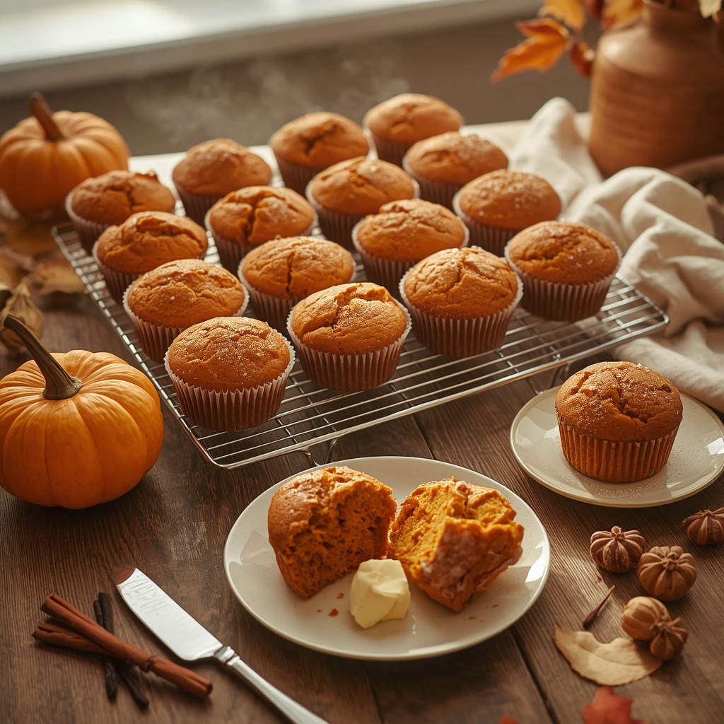 Bakery-style pumpkin muffins with golden domed tops and coarse sugar on a cooling rack, featuring one muffin split open to reveal a moist pumpkin crumb, served in a cozy farmhouse kitchen with autumn spices and a small pumpkin.