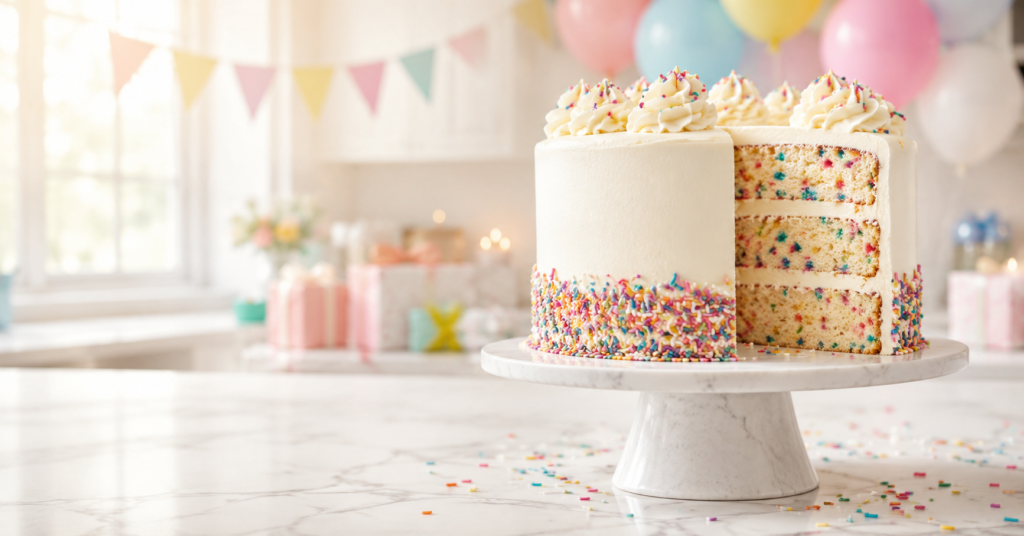 Funfetti Cake with sprinkle border and buttercream rosettes