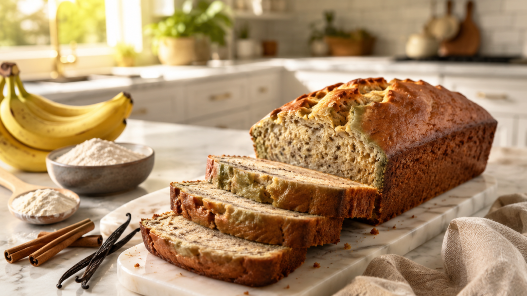 Bakery-style gluten-free banana bread with a moist crumb and golden crust on a marble countertop.