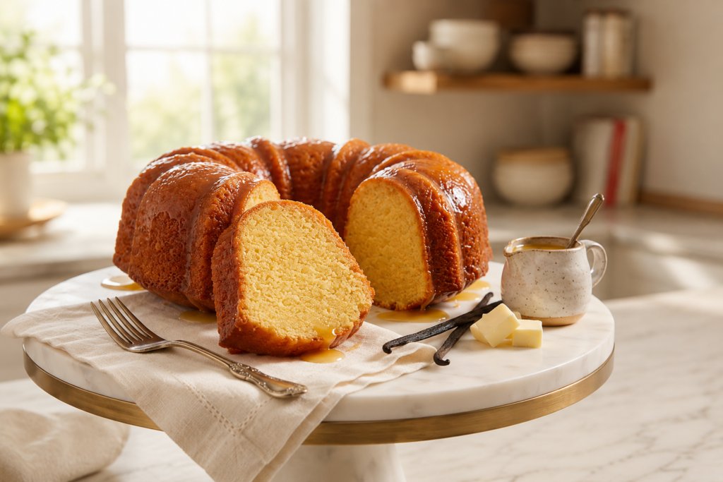 Golden vanilla Bundt cake with a glossy glaze and a sliced piece on a marble cake stand in a bright, sunlit kitchen, surrounded by vanilla beans, butter cubes, and a small pitcher of glaze.