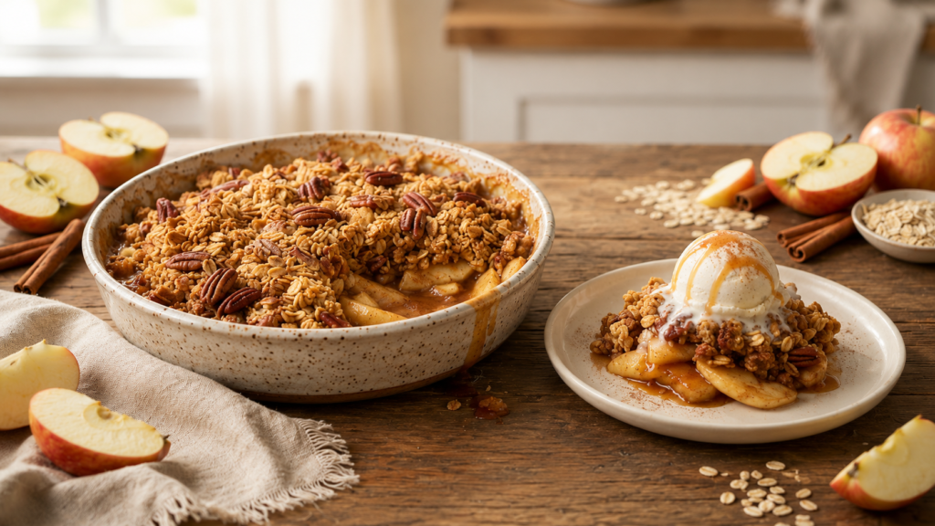 Homemade apple crisp baked with a golden oat and pecan topping, served alongside a warm scoop topped with vanilla ice cream and caramel sauce on a rustic wooden table.