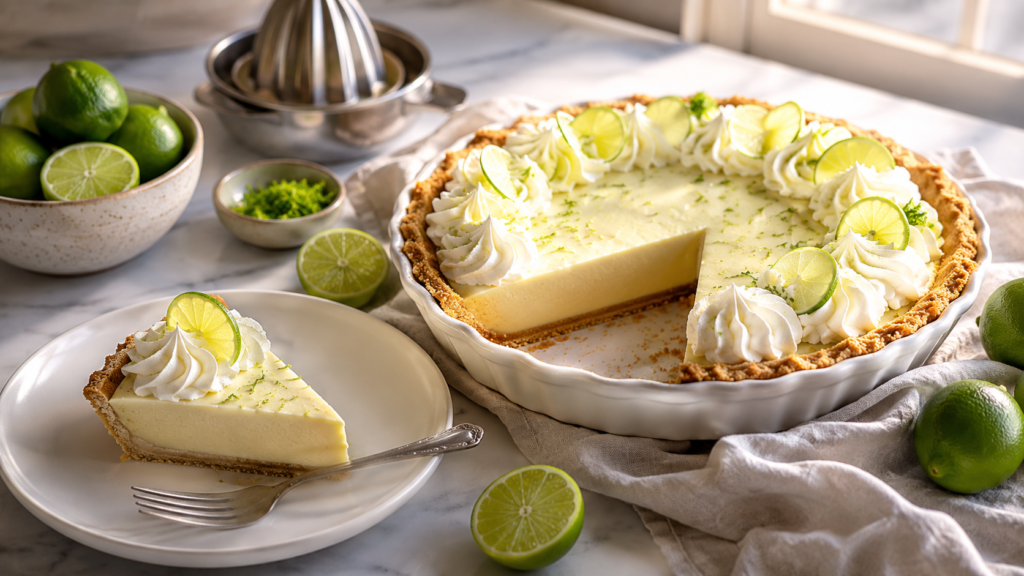 Homemade Key Lime Pie with a golden graham cracker crust, creamy lime filling, whipped cream swirls, fresh lime slices, and one slice served on a white dessert plate with a fork on a marble countertop.