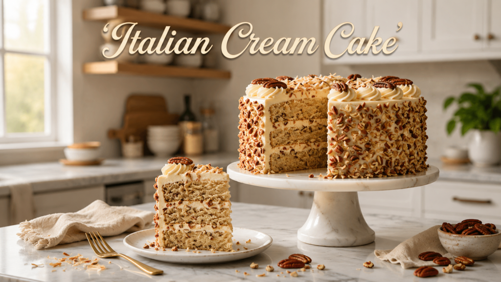Three-layer Italian Cream Cake with cream cheese frosting, toasted pecans, and coconut.